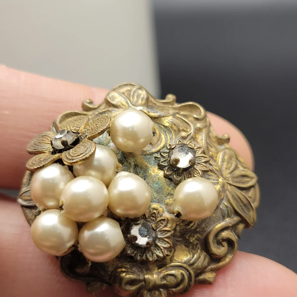 Vintage Art Nouveau Brass Faux Cluster Pearl Sterling Clip-On Earrings *AS-IS* - Picture 6 of 15